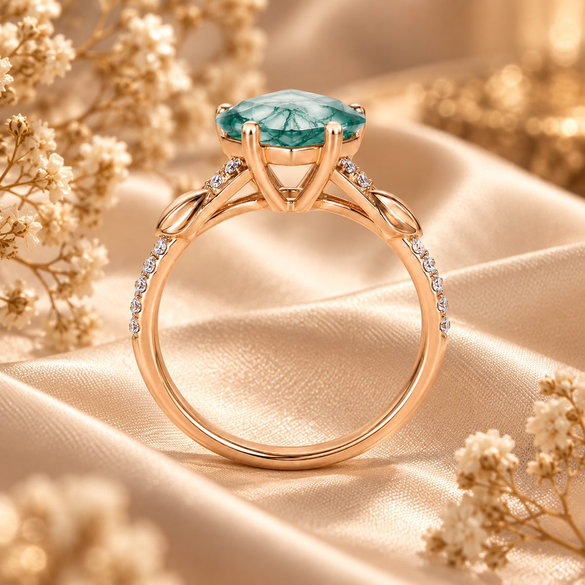 Natural Moss Agate Ring – Kite Cut Nature Inspired Boho Engagement Ring