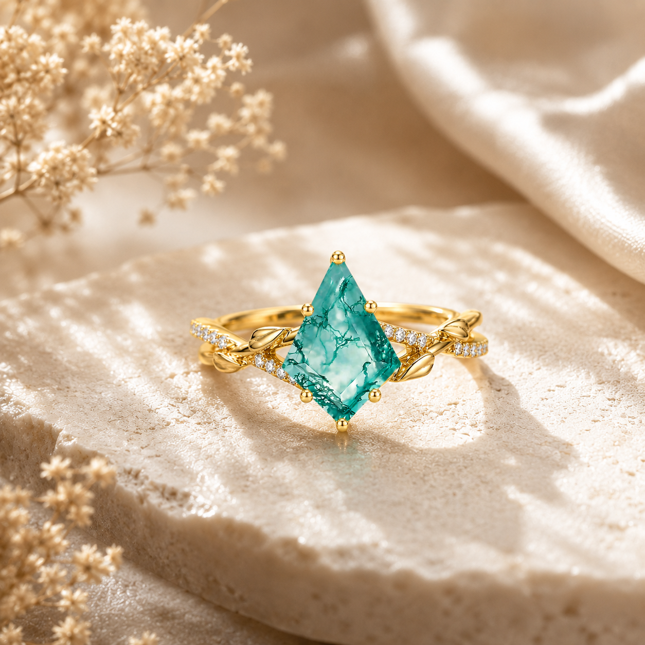 Natural Moss Agate Ring – Kite Cut Nature Inspired Boho Engagement Ring
