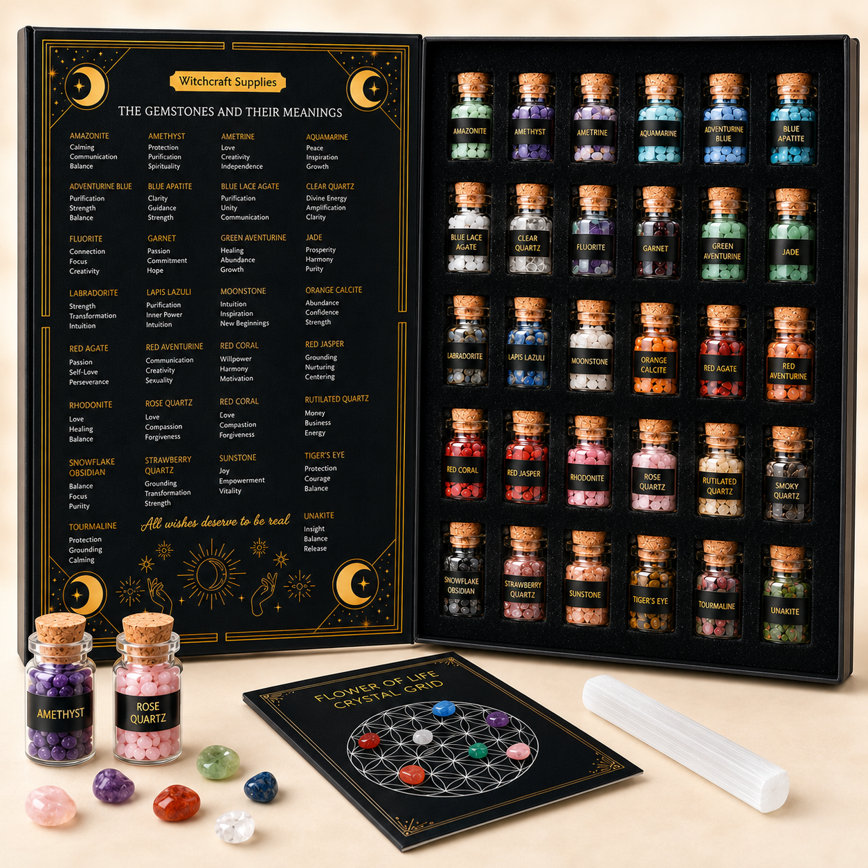 30 Bottle Crystal Healing Set with Flower of Life Grid & Selenite Wand