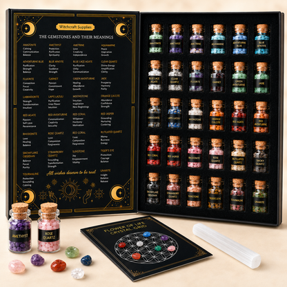 30 Bottle Crystal Healing Set with Flower of Life Grid & Selenite Wand