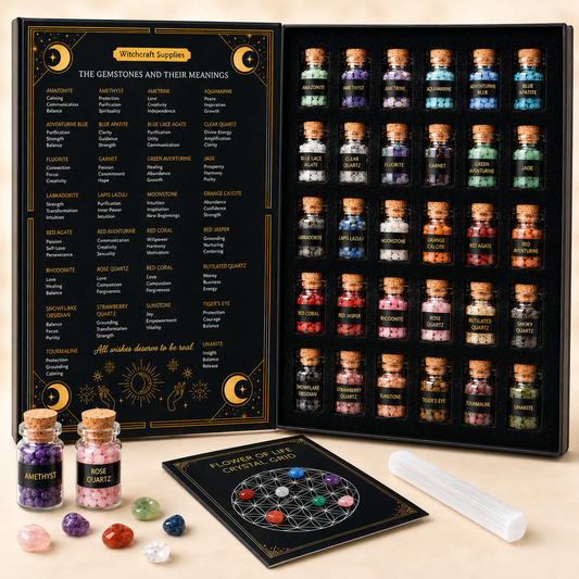 30 Bottle Crystal Healing Set with Flower of Life Grid & Selenite Wand
