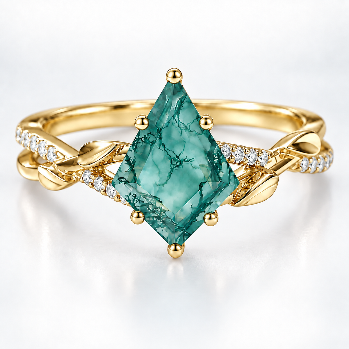 Natural Moss Agate Ring – Kite Cut Nature Inspired Boho Engagement Ring