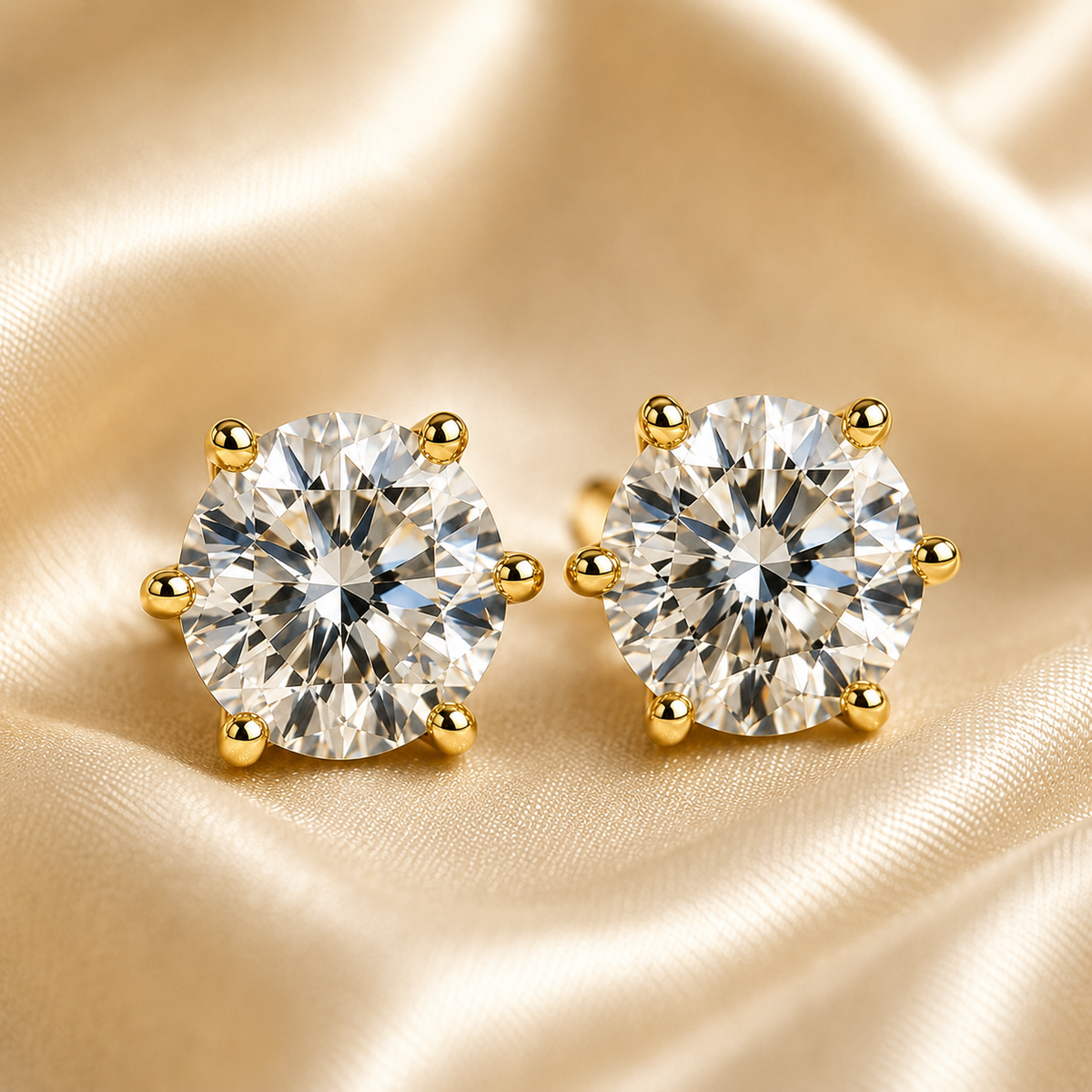 Six-prong colourless moissanite stud earrings shown in a size and design detail graphic
