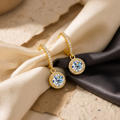 Halo Moissanite Hoop Drop Earrings – 1.0ct Round Brilliant Earrings