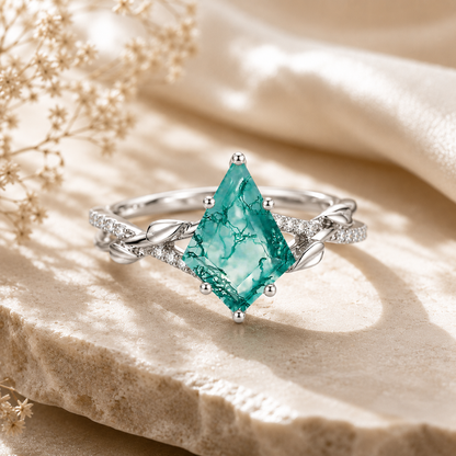 Natural Moss Agate Ring – Kite Cut Nature Inspired Boho Engagement Ring