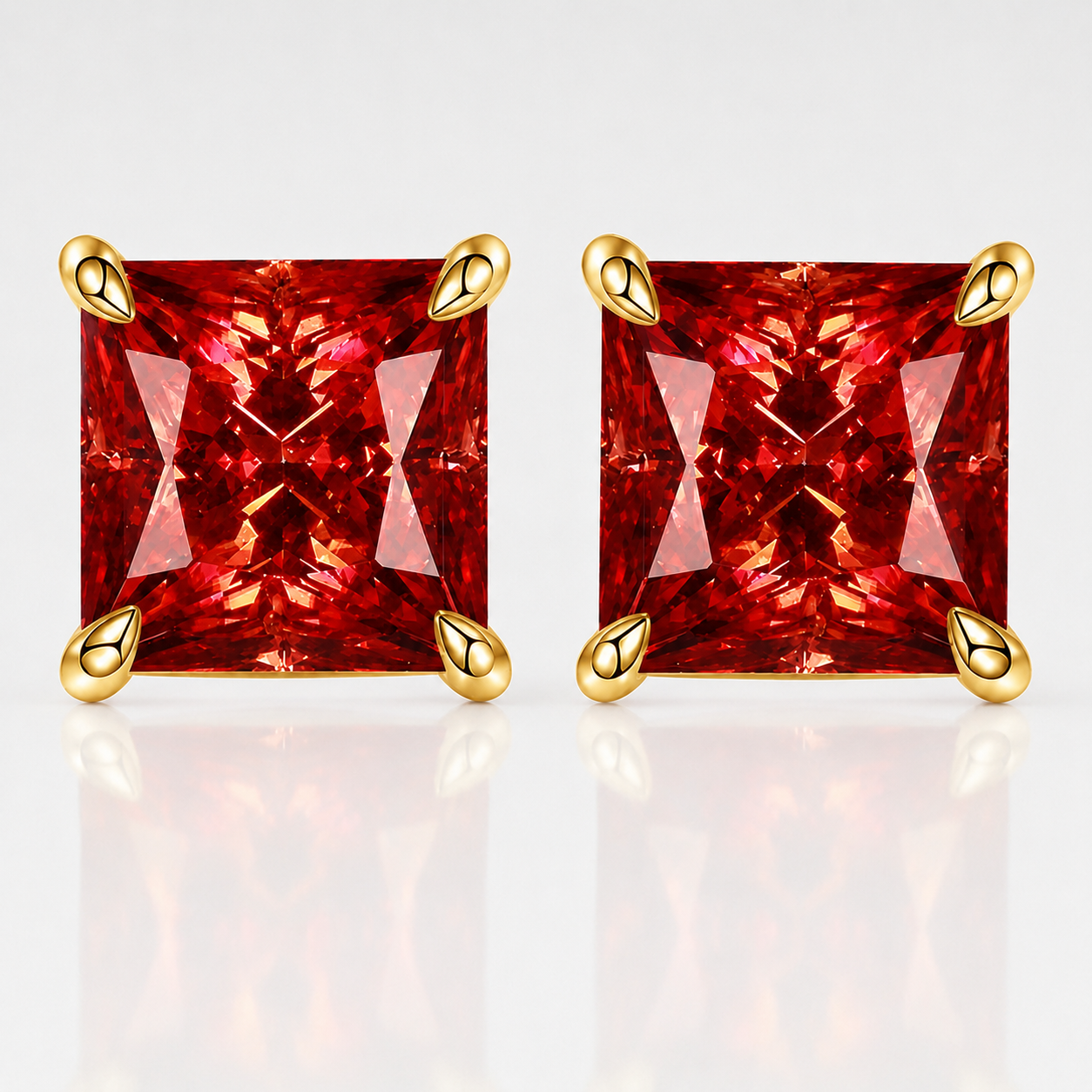 Brincos de moissanite vermelho com corte princesa 