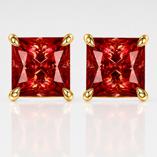 Gold princess-cut red moissanite stud earrings on a white background