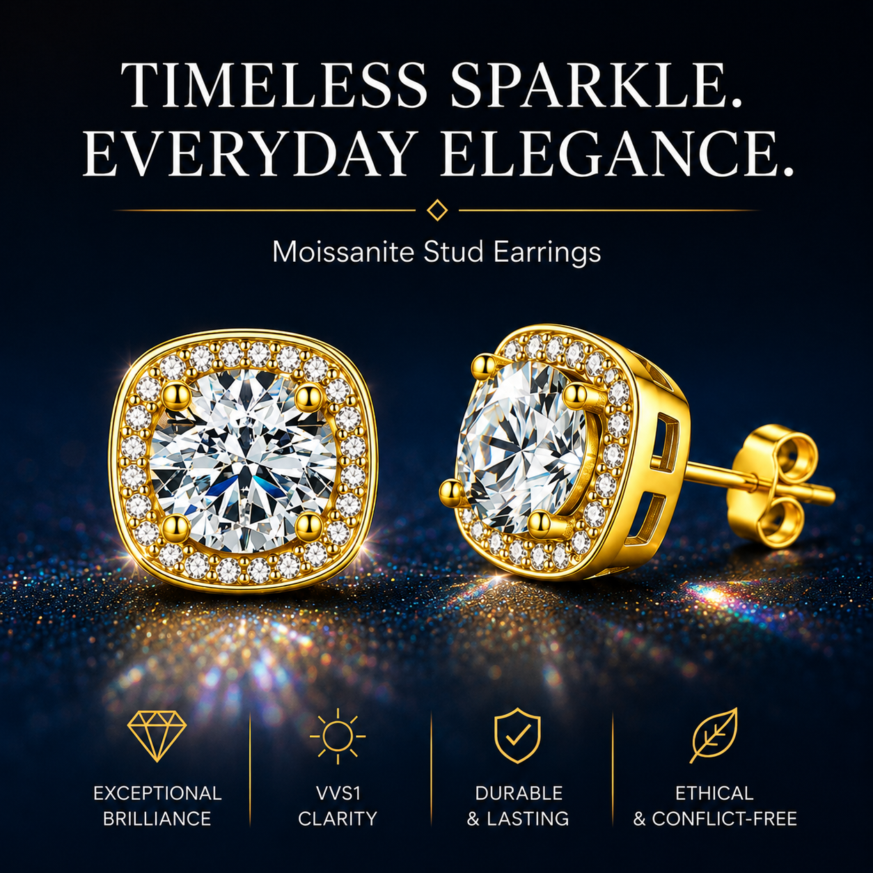 Halo Moissanite Stud Earrings – 925 Sterling Silver & Gold
