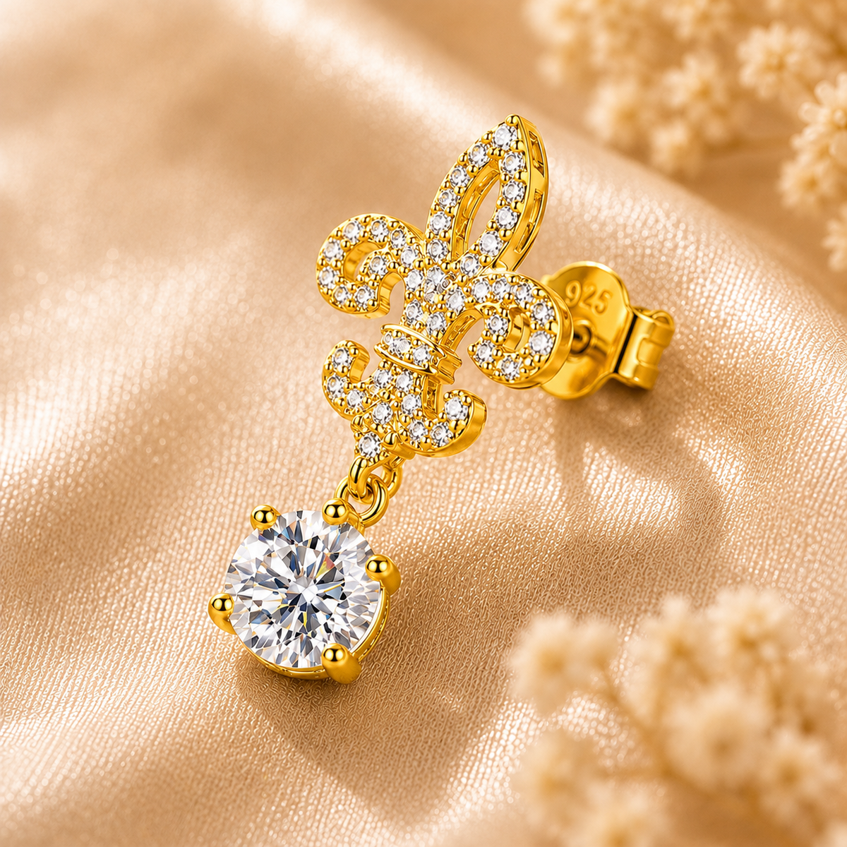 Single gold fleur de lis colourless moissanite drop earring displayed on champagne satin