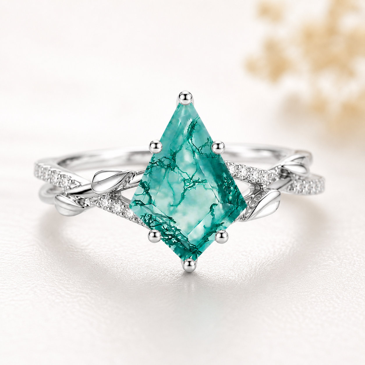 Natural Moss Agate Ring – Kite Cut Nature Inspired Boho Engagement Ring