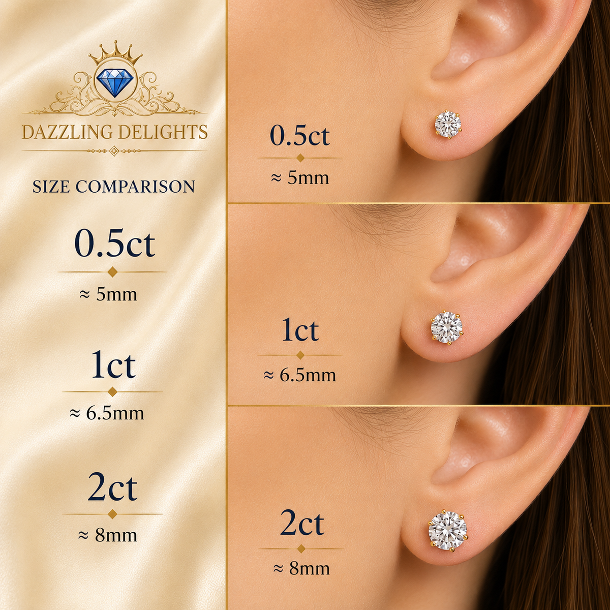 Yellow gold six-prong colourless moissanite stud earrings shown in a close-up product view