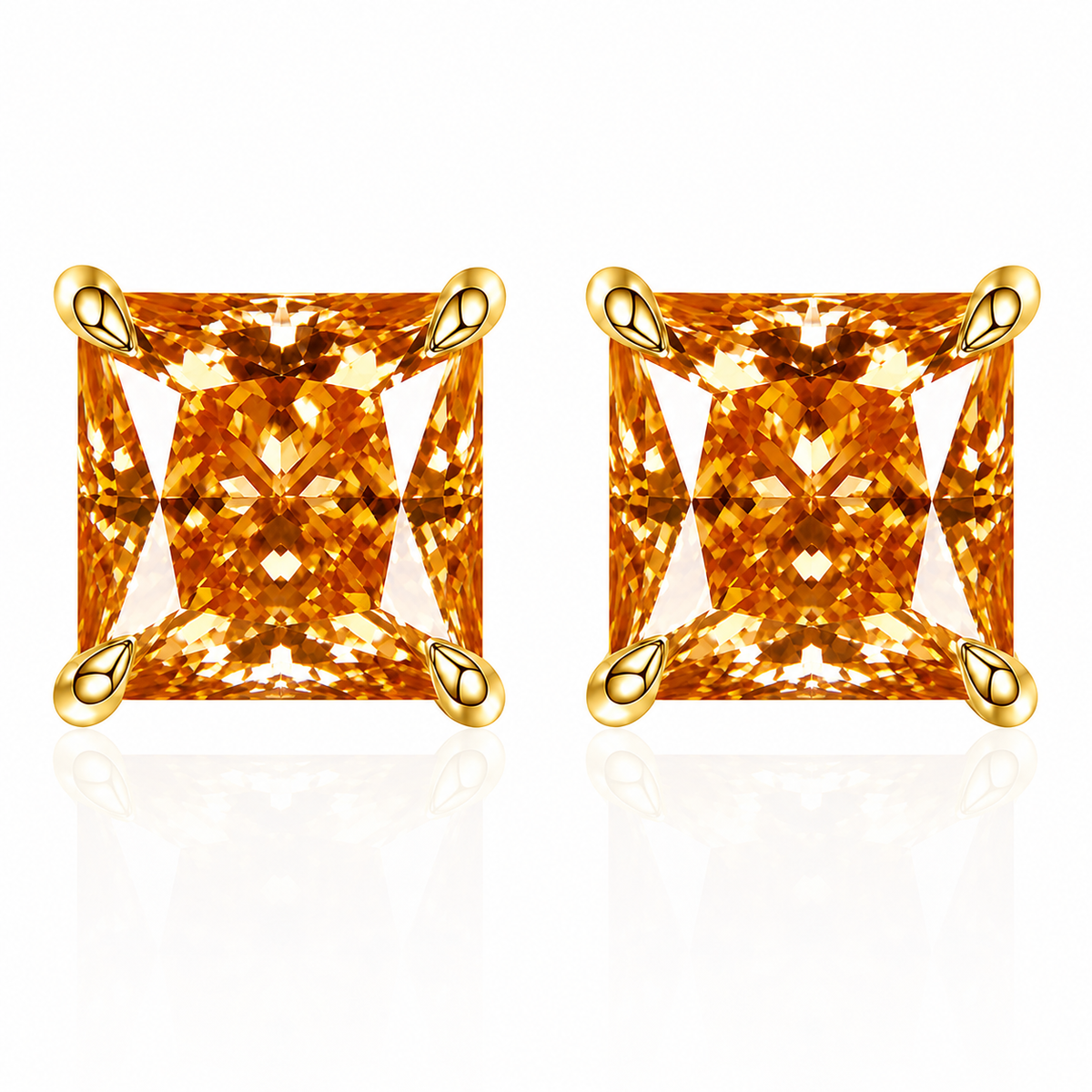 Gold princess-cut golden champagne moissanite stud earrings on a white background