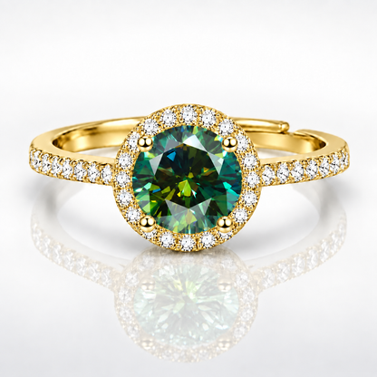 Anillo ajustable con halo de 4 garras de moissanita verde de 1 quilate y 6,5 mm 