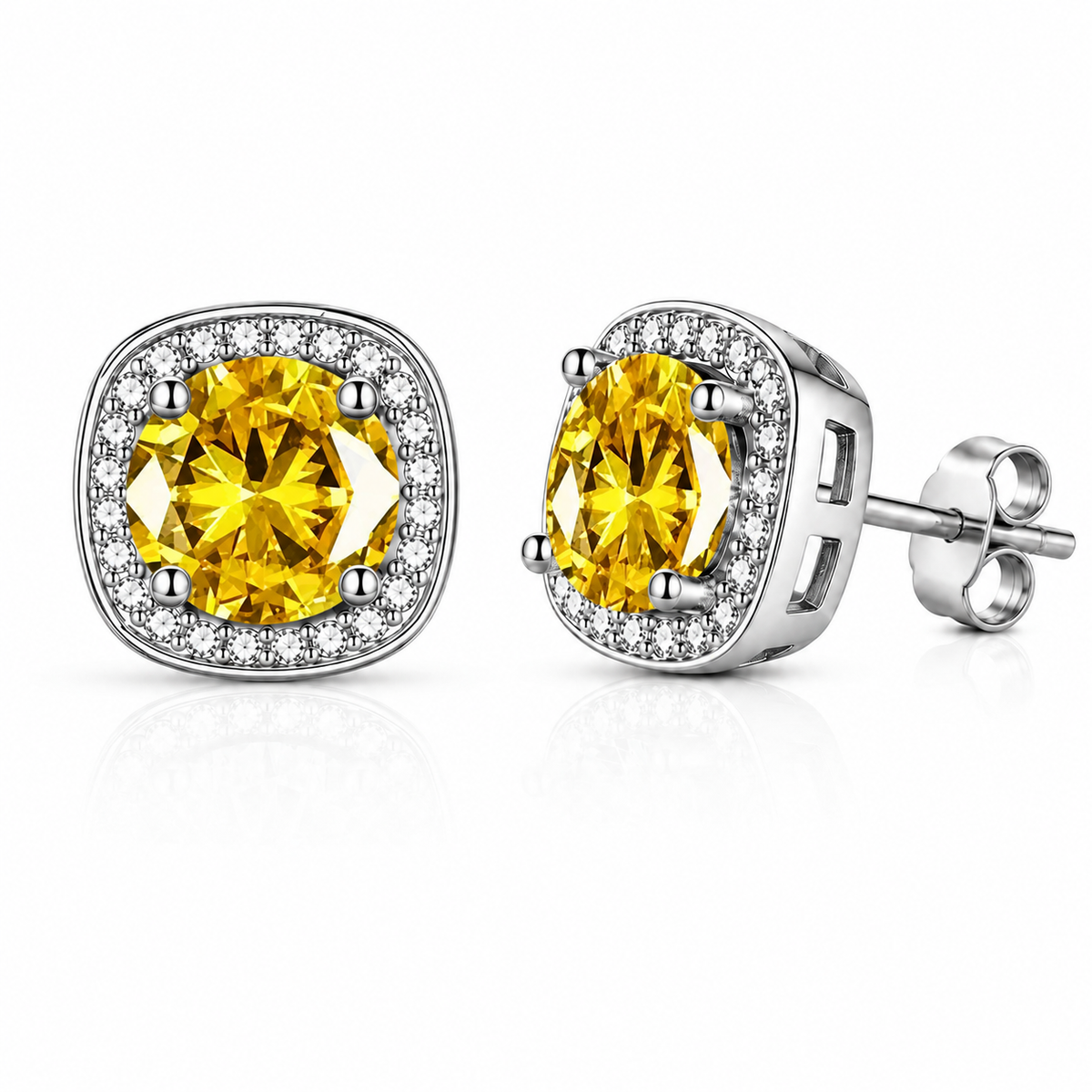 Silver cushion halo yellow moissanite stud earrings shown front and side on a white background
