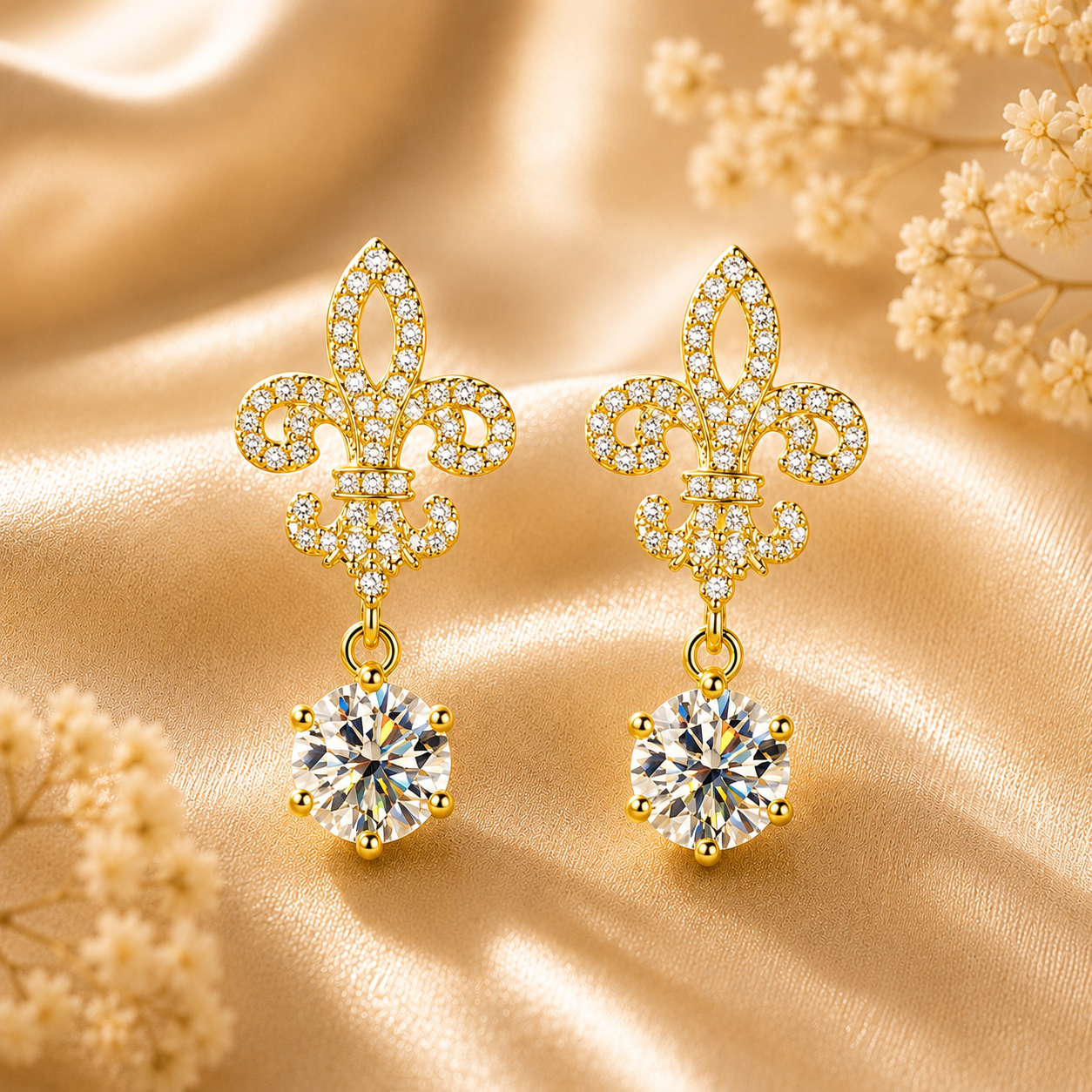 Fleur de Lis Moissanite Drop Earrings – 2.0ct Round Brilliant Dangle Earrings