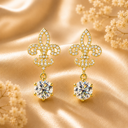 Fleur de Lis Moissanite Drop Earrings – 2.0ct Round Brilliant Dangle Earrings