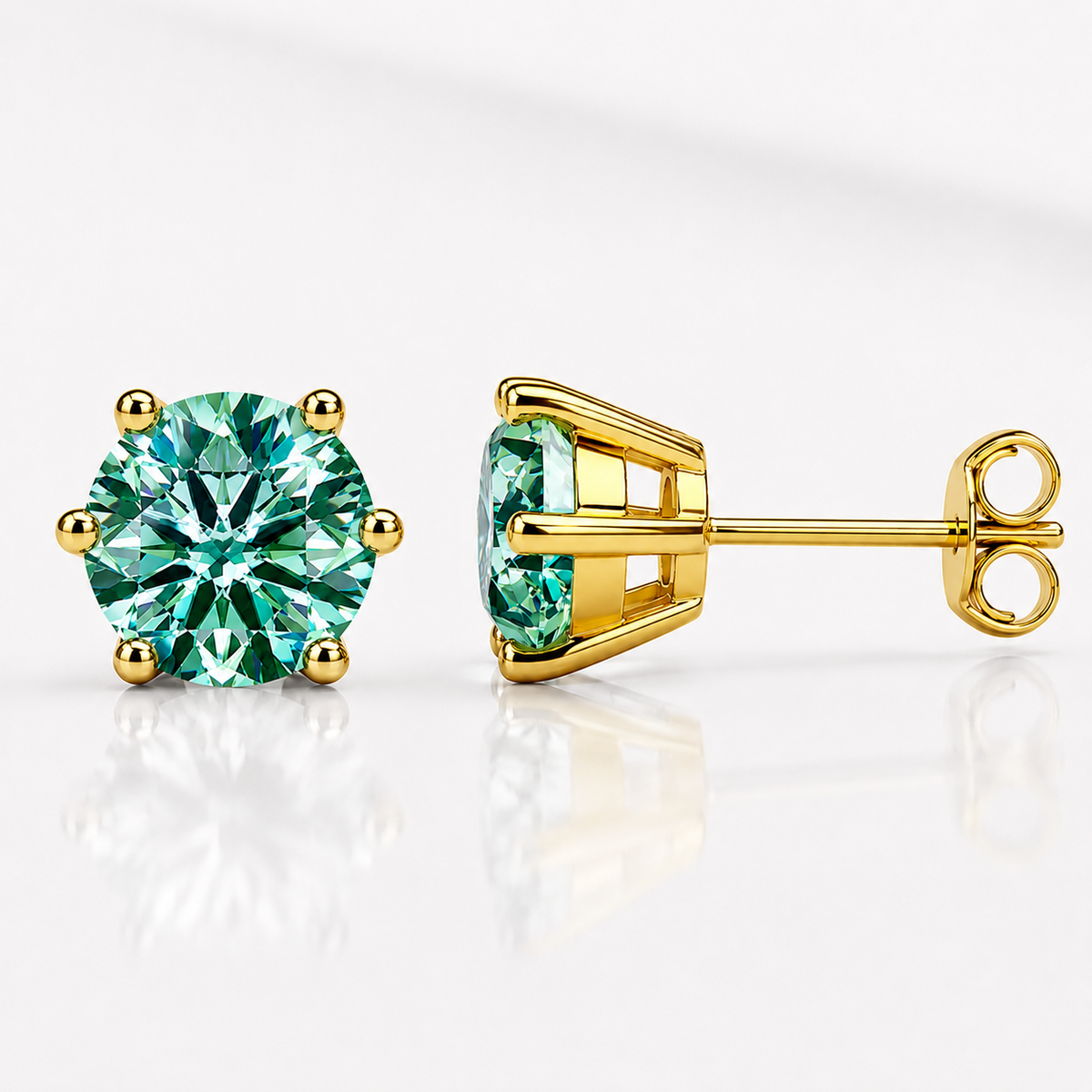 White gold six-prong rainbow moissanite stud earrings shown front and side on a white background