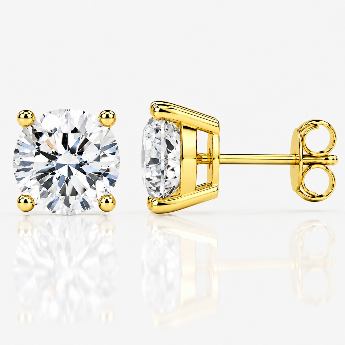 Gold four-prong colourless moissanite stud earrings shown front and side on a white background