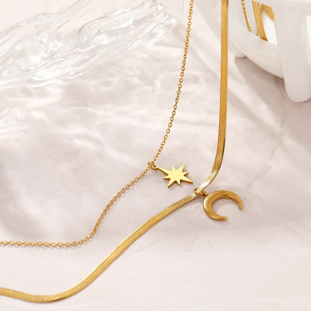 Titanium Moon and Star Herringbone Pendant Necklace - Premium Jewelry from Dazzling Delights - Just $29.95! Shop now at Dazzling Delights