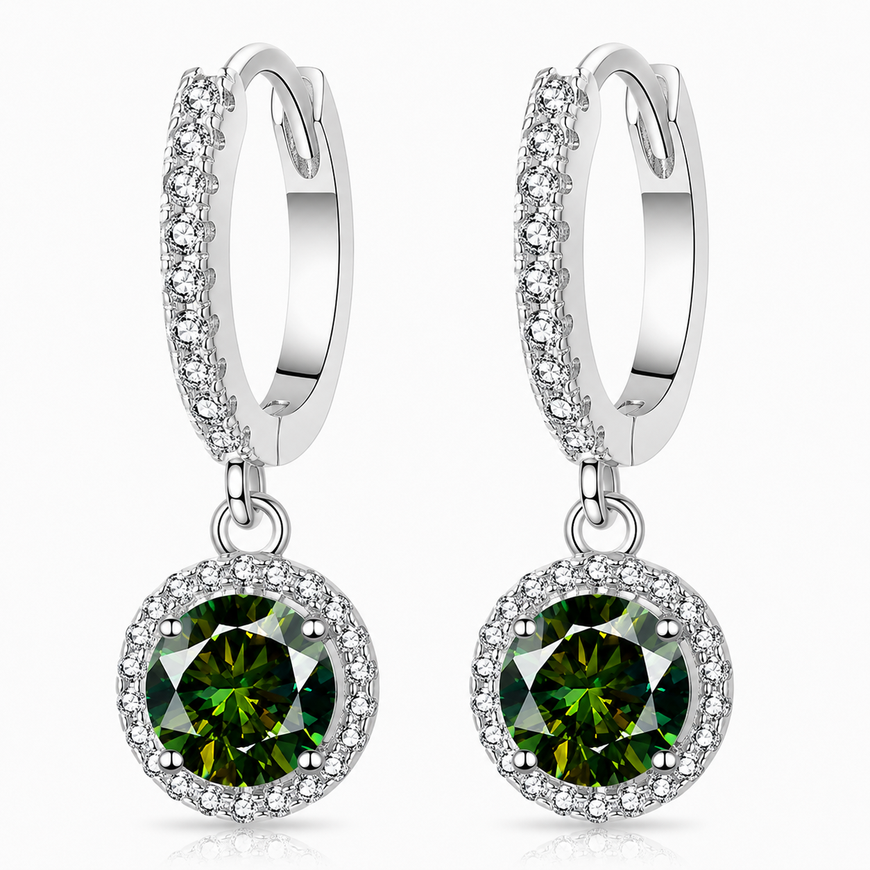 Halo Moissanite Hoop Drop Earrings – 1.0ct Round Brilliant Earrings