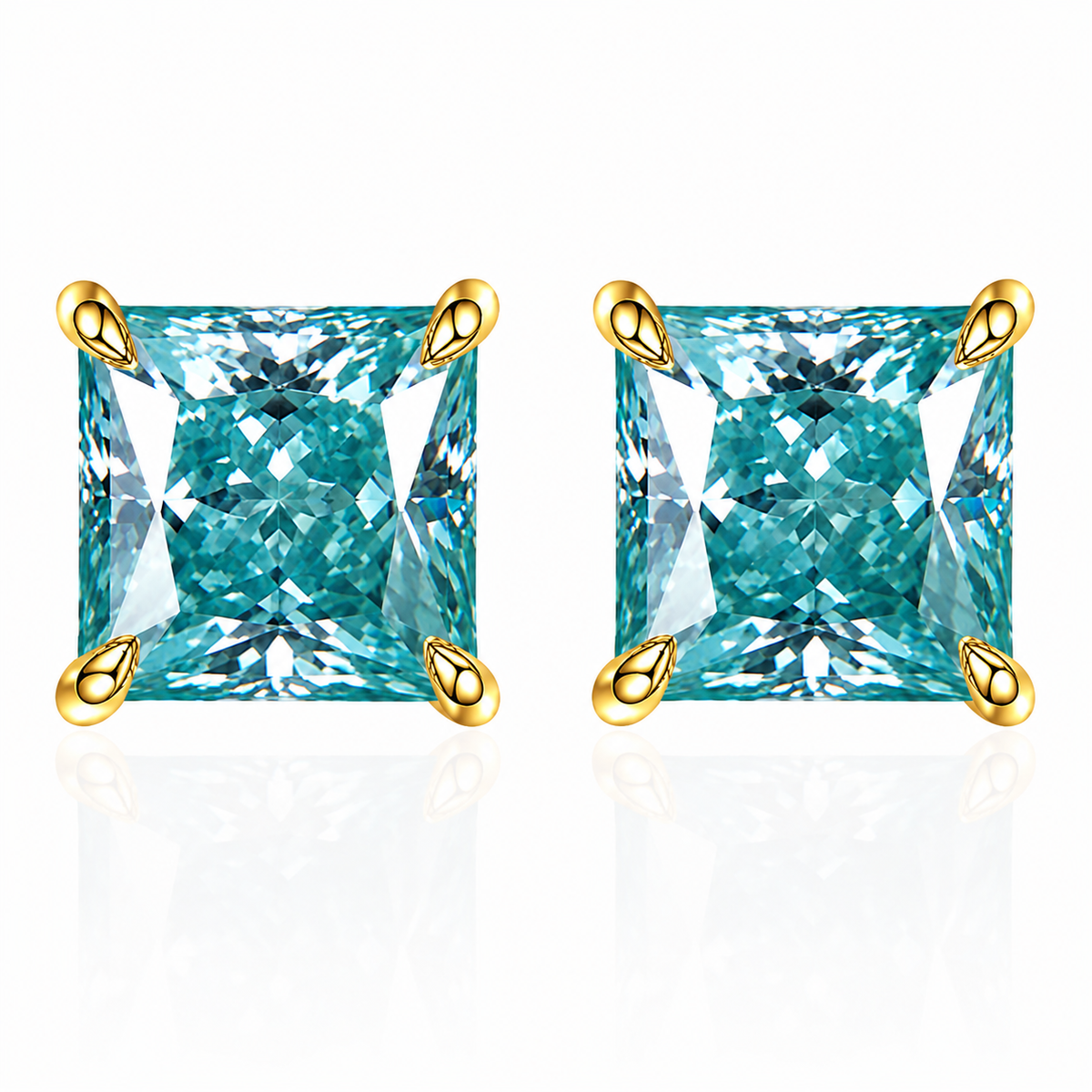 Gold princess-cut light blue moissanite stud earrings on a white background