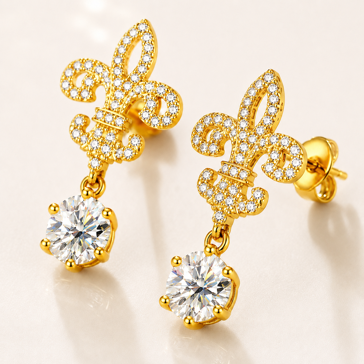 Fleur de Lis Moissanite Drop Earrings – 2.0ct Round Brilliant Dangle Earrings