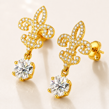 Fleur de Lis Moissanite Drop Earrings – 2.0ct Round Brilliant Dangle Earrings