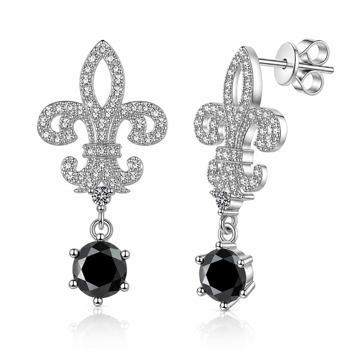 Silver fleur de lis drop earrings with black round moissanites shown front and side on a white background