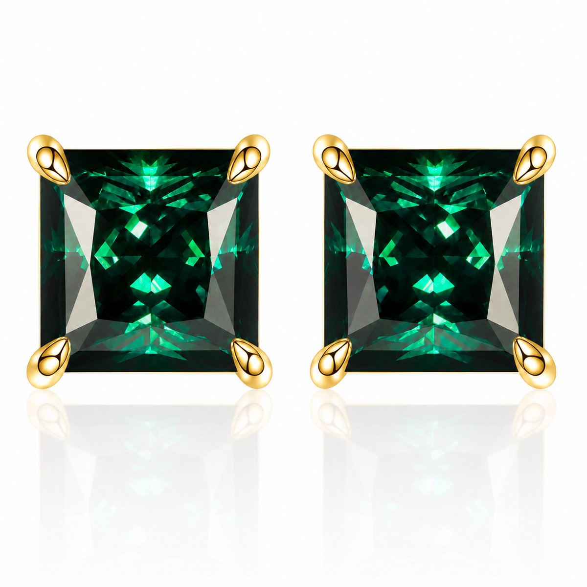Gold princess-cut green moissanite stud earrings on a white background