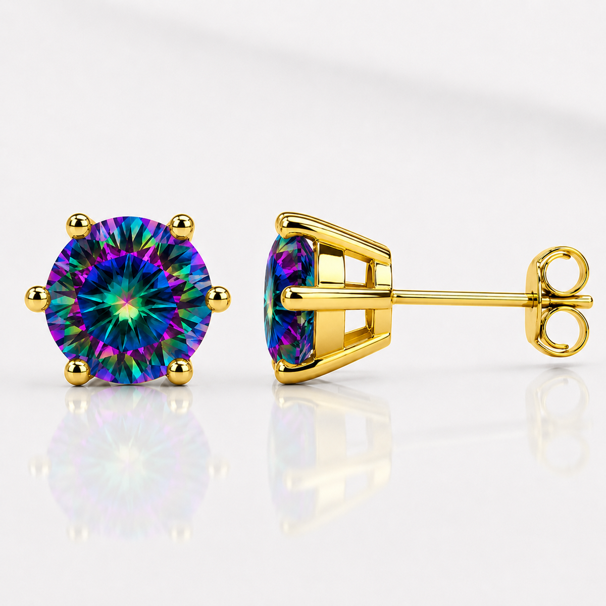Yellow gold six-prong rainbow moissanite stud earrings shown front and side on a white background