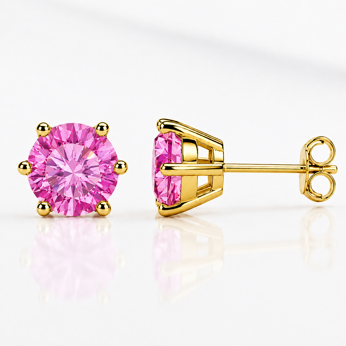 Yellow gold six-prong dark green moissanite stud earrings shown front and side on a white background