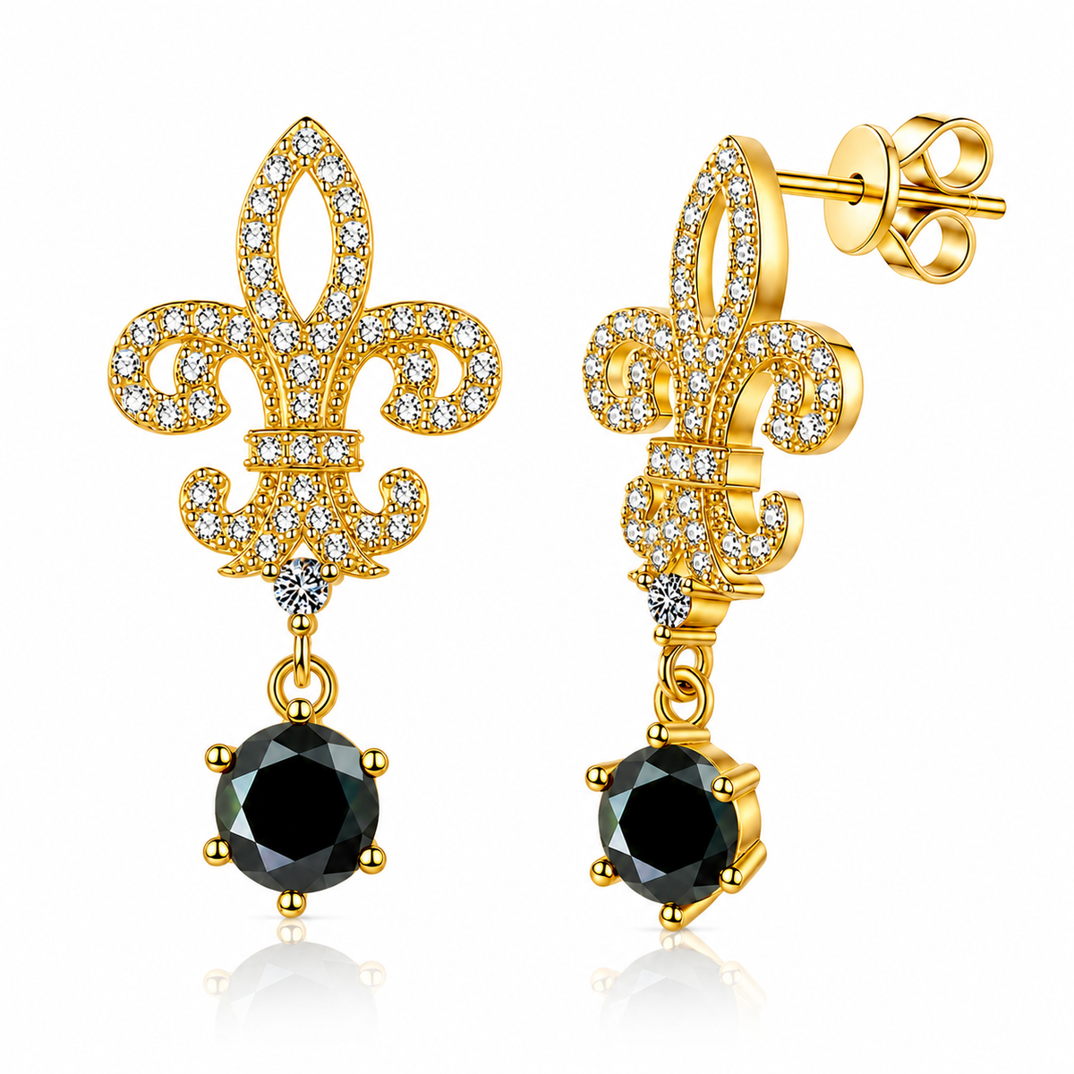 Gold fleur de lis drop earrings with black round moissanites shown front and side on a white background