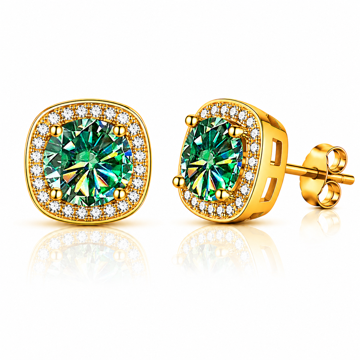 Gold cushion halo green moissanite stud earrings shown front and side on a white background