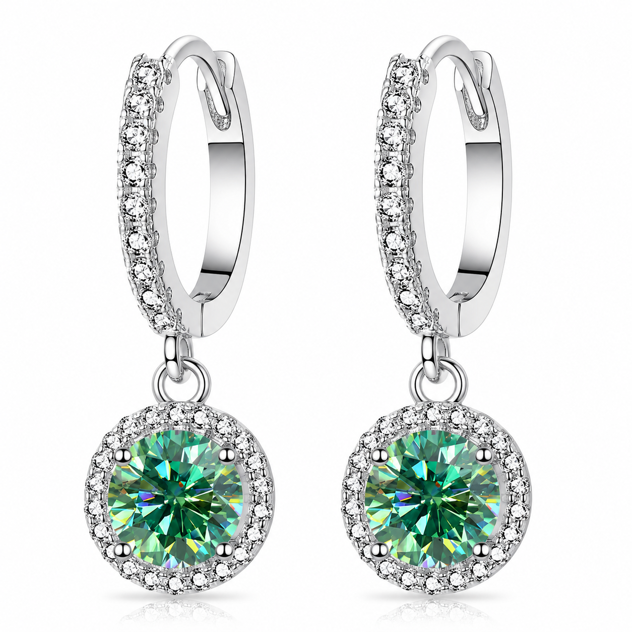 Halo Moissanite Hoop Drop Earrings – 1.0ct Round Brilliant Earrings