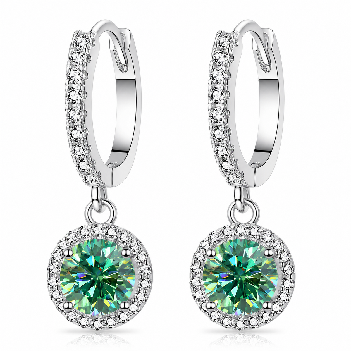 Silver halo hoop drop earrings with bright green moissanites shown on a white background