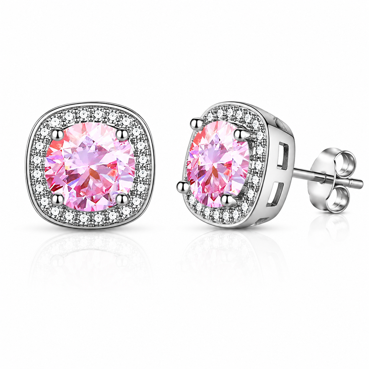 Silver cushion halo pink moissanite stud earrings shown front and side on a white background