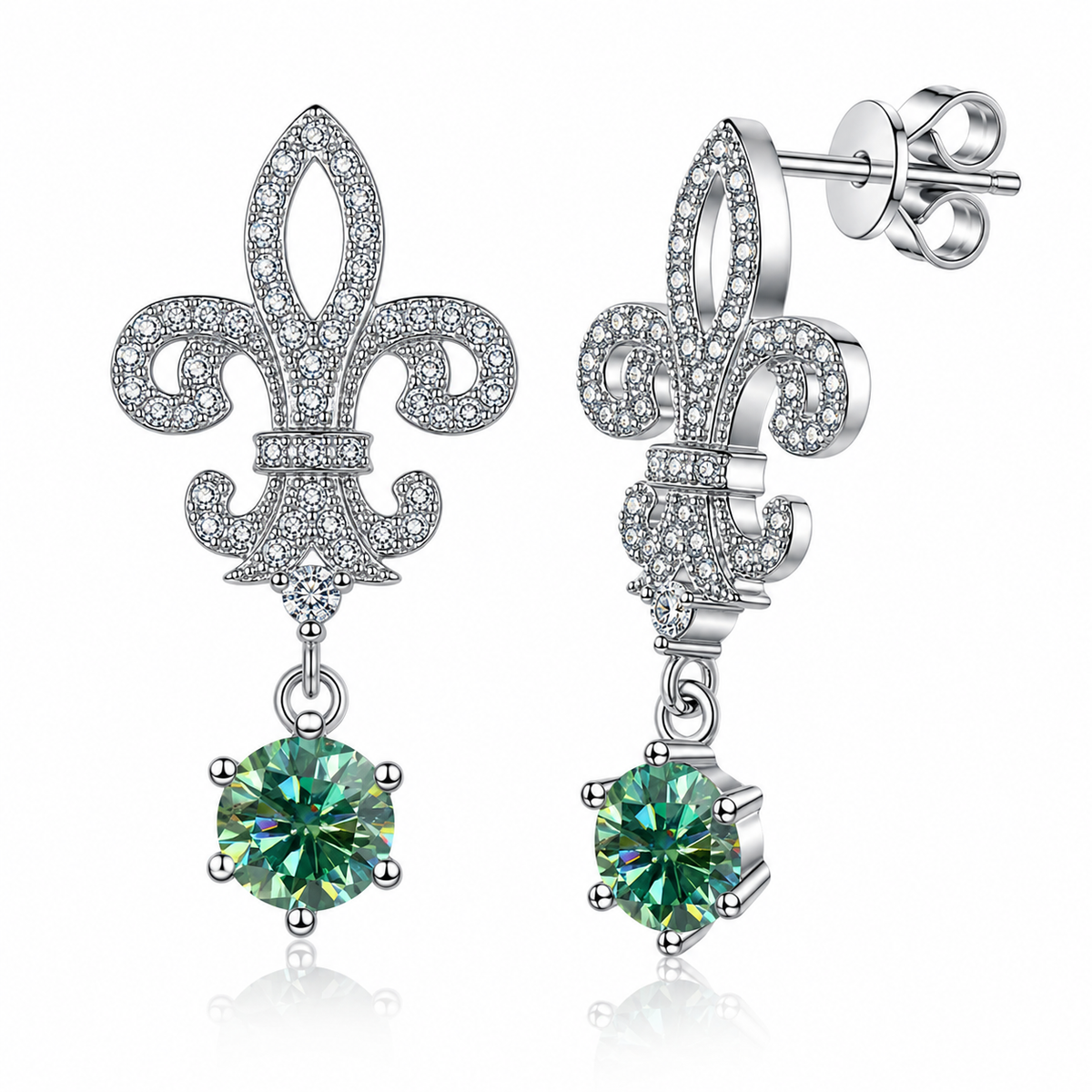 Silver fleur de lis drop earrings with green round moissanites shown front and side on a white background