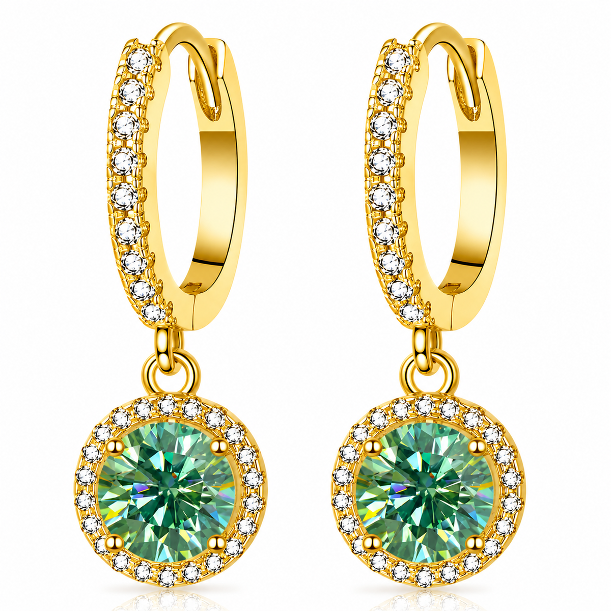 Gold halo hoop drop earrings with bright green moissanites shown on a white background