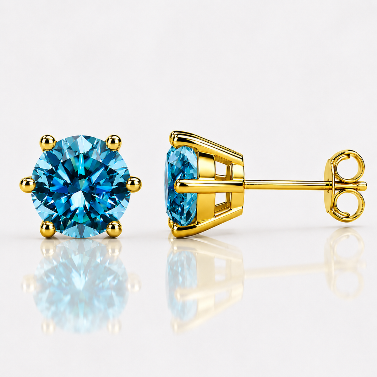 Yellow gold six-prong light yellow moissanite stud earrings shown front and side on a white background