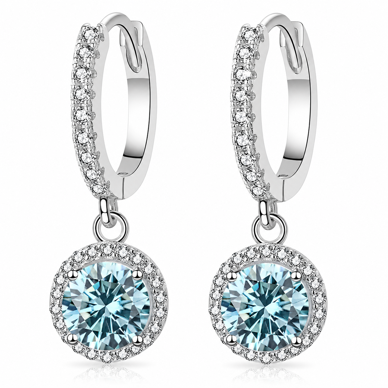 Halo Moissanite Hoop Drop Earrings – 1.0ct Round Brilliant Earrings