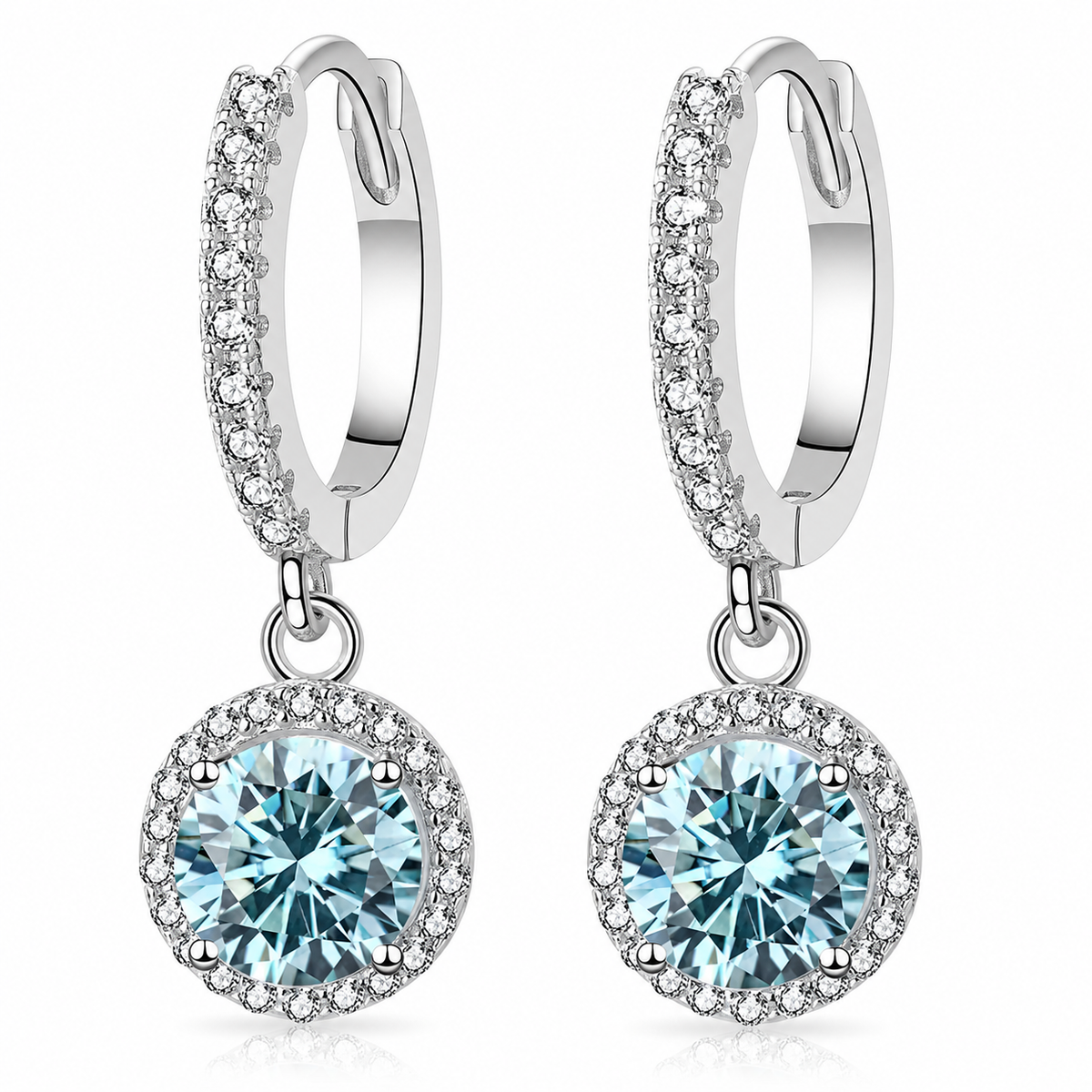 Silver halo hoop drop earrings with light blue moissanites shown on a white background