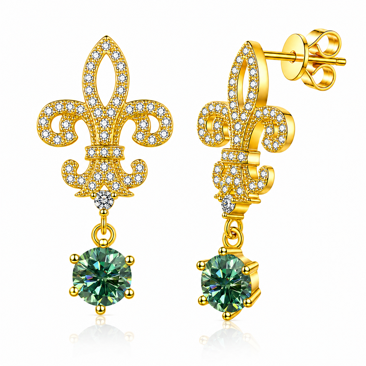 Gold fleur de lis drop earrings with green round moissanites shown front and side on a white background