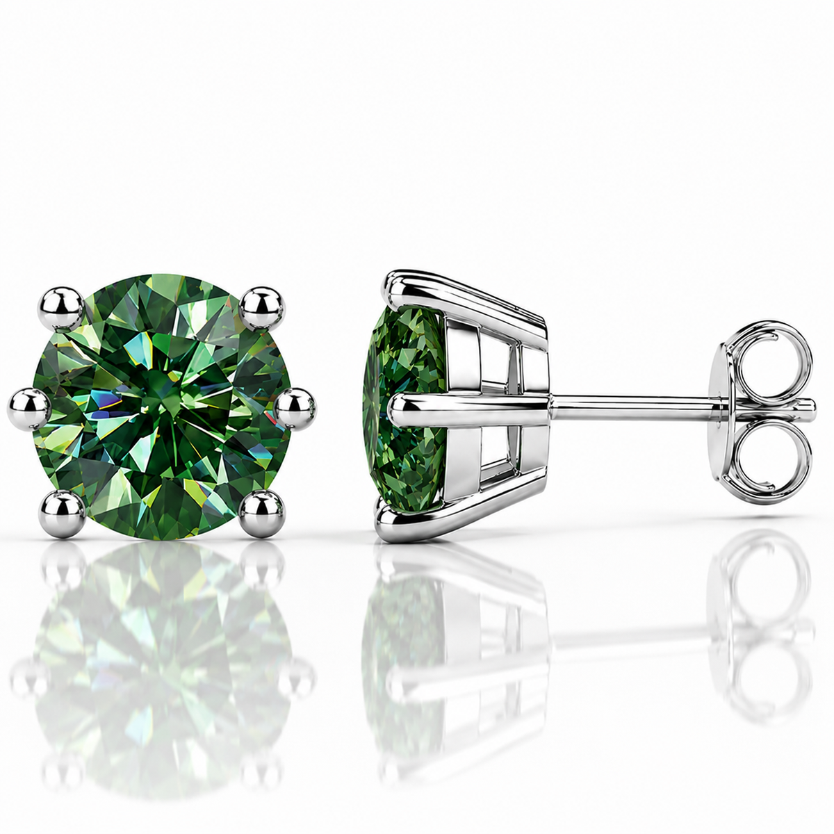 White gold six-prong red moissanite stud earrings shown front and side on a white background
