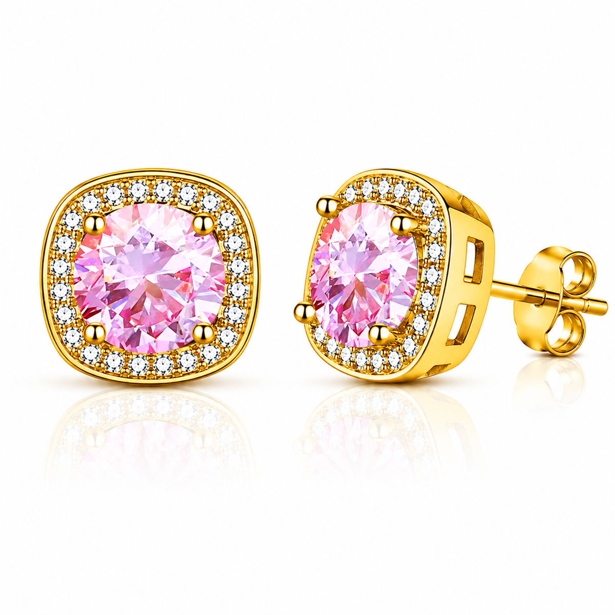 Gold cushion halo pink moissanite stud earrings shown front and side on a white background