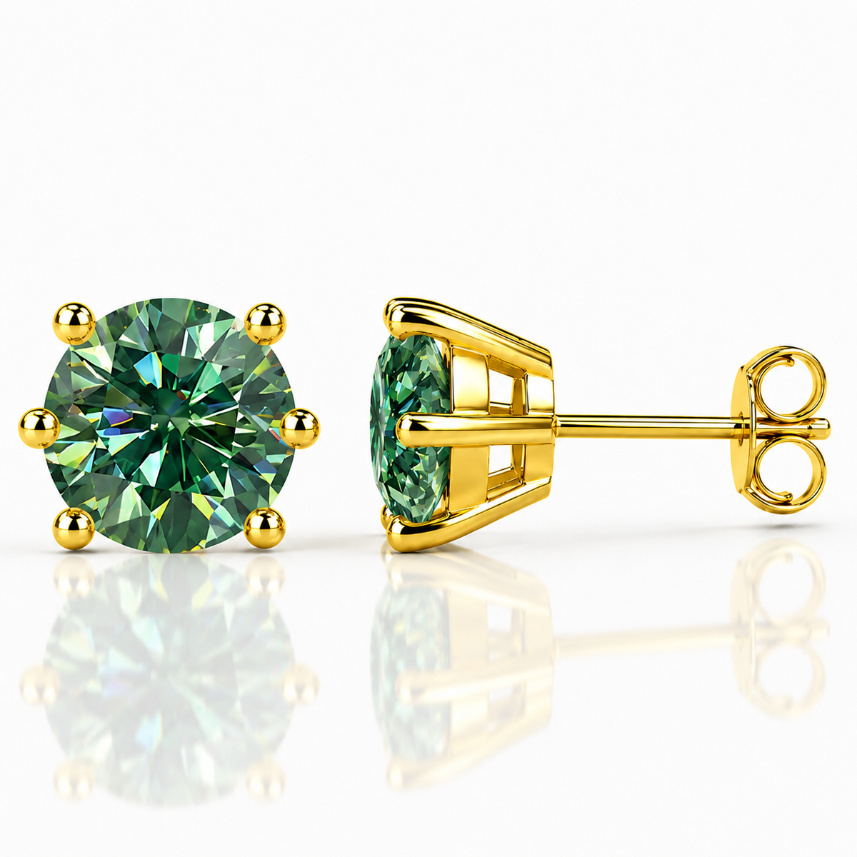 Yellow gold six-prong grey moissanite stud earrings shown front and side on a white background