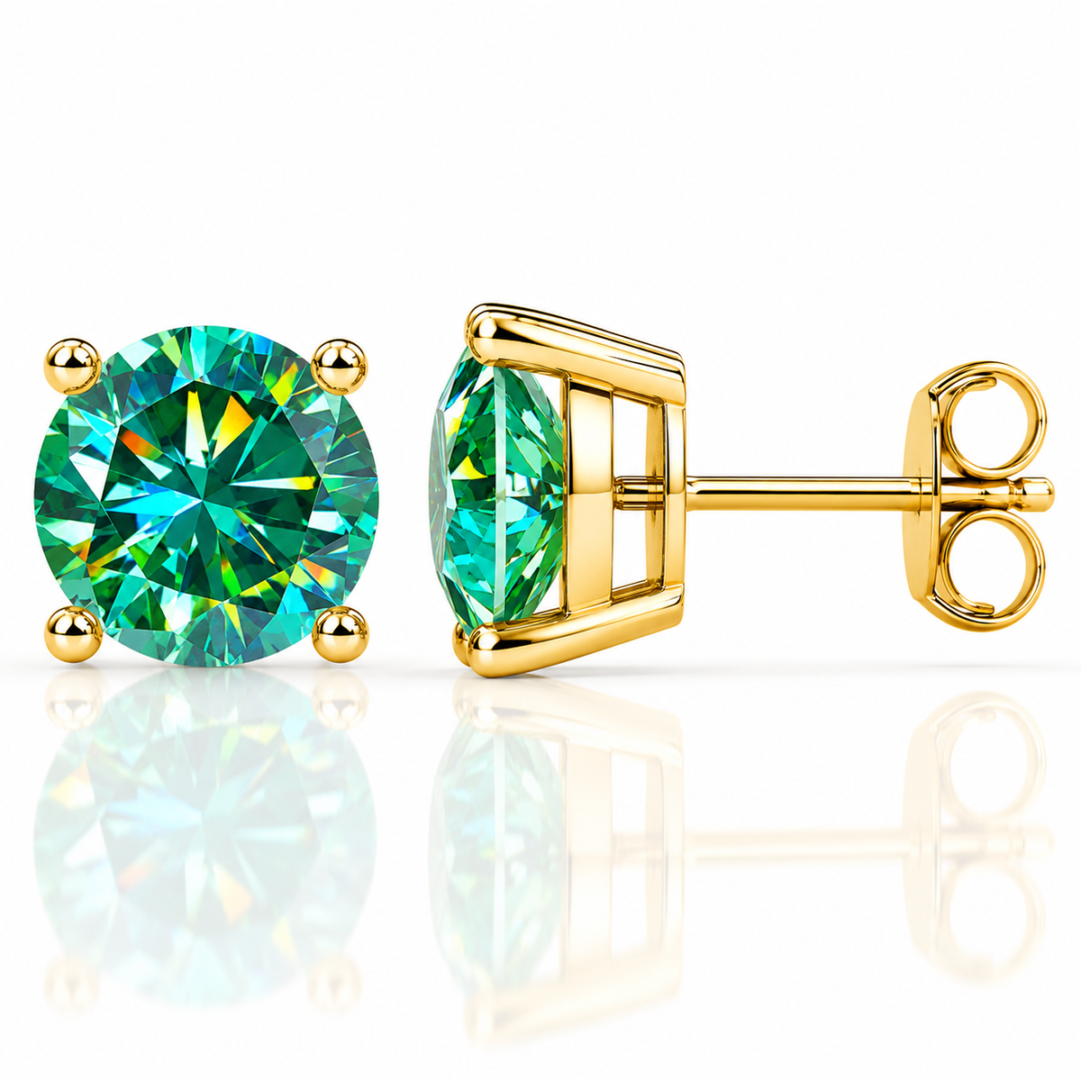 Gold four-prong green moissanite stud earrings shown front and side on a white background