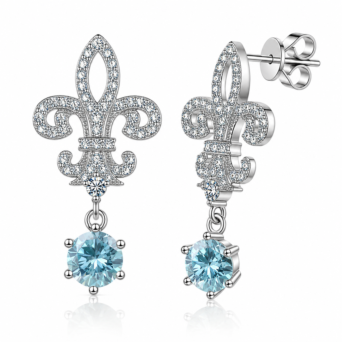 Silver fleur de lis drop earrings with light blue round moissanites shown front and side on a white background