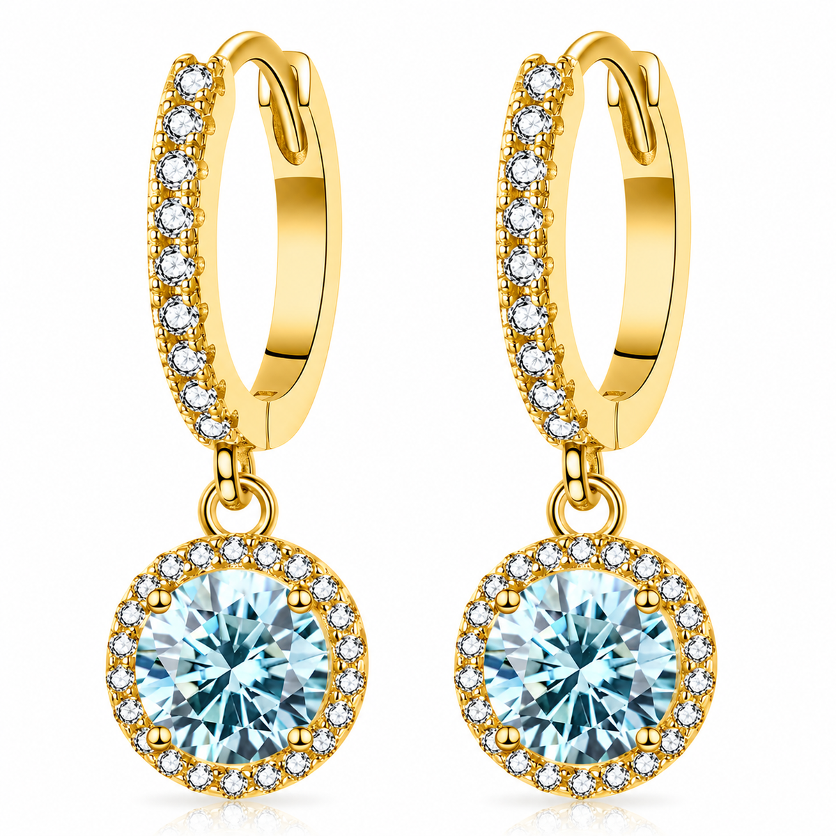 Gold halo hoop drop earrings with light blue moissanites shown on a white background