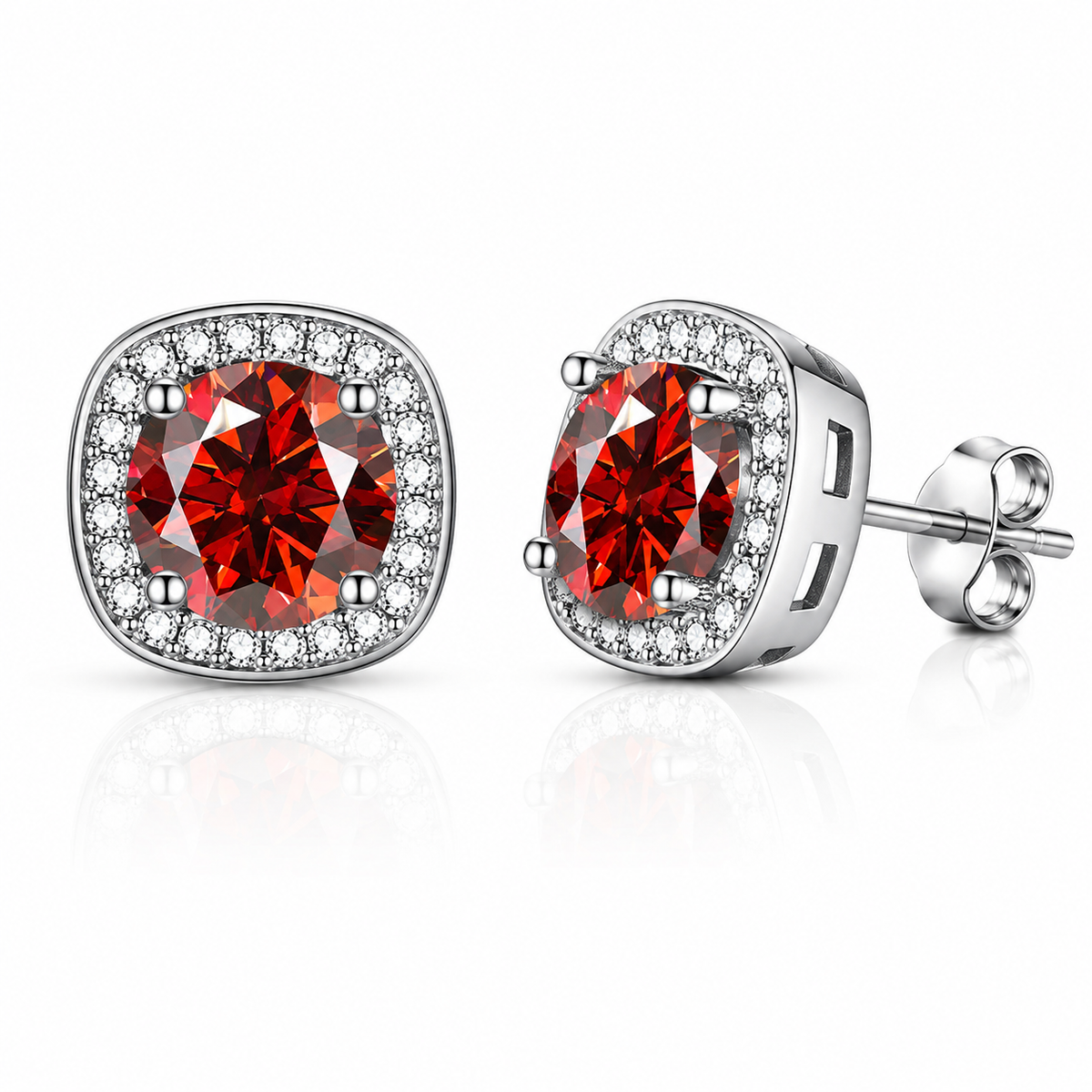Silver cushion halo red moissanite stud earrings shown front and side on a white background