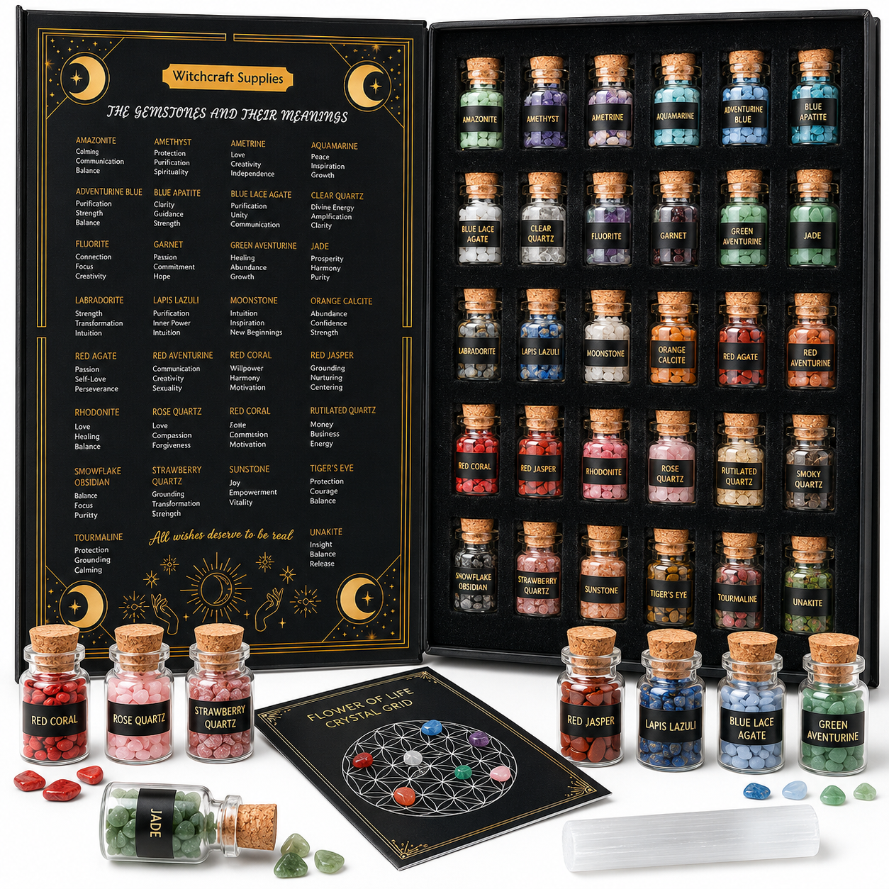 30 Bottle Crystal Healing Set with Flower of Life Grid & Selenite Wand